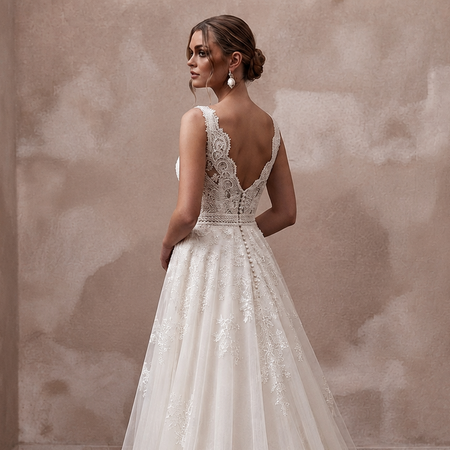 A woman wearing a white lace wedding gown stands with her back to the camera in an indoor setting with a textured beige wall and dark wood floor.