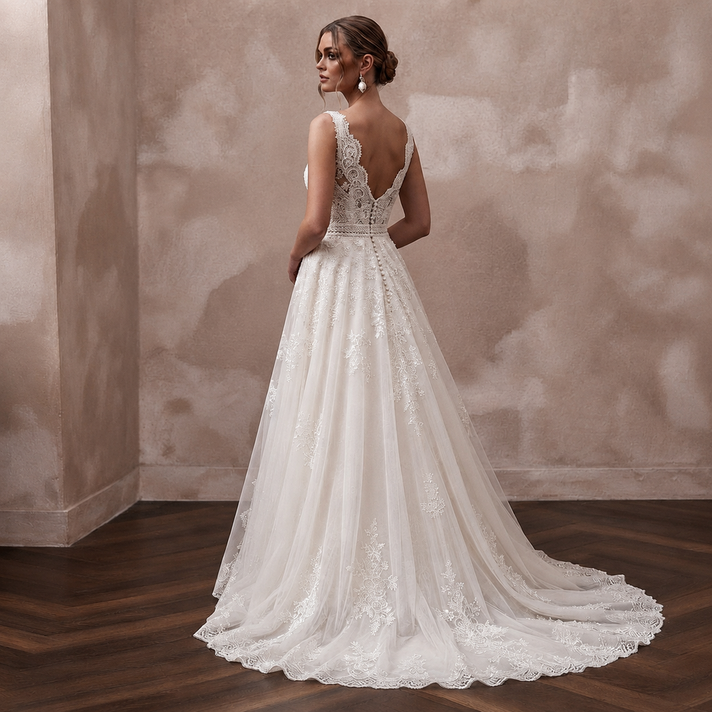 A woman wearing a white lace wedding gown stands with her back to the camera in an indoor setting with a textured beige wall and dark wood floor.