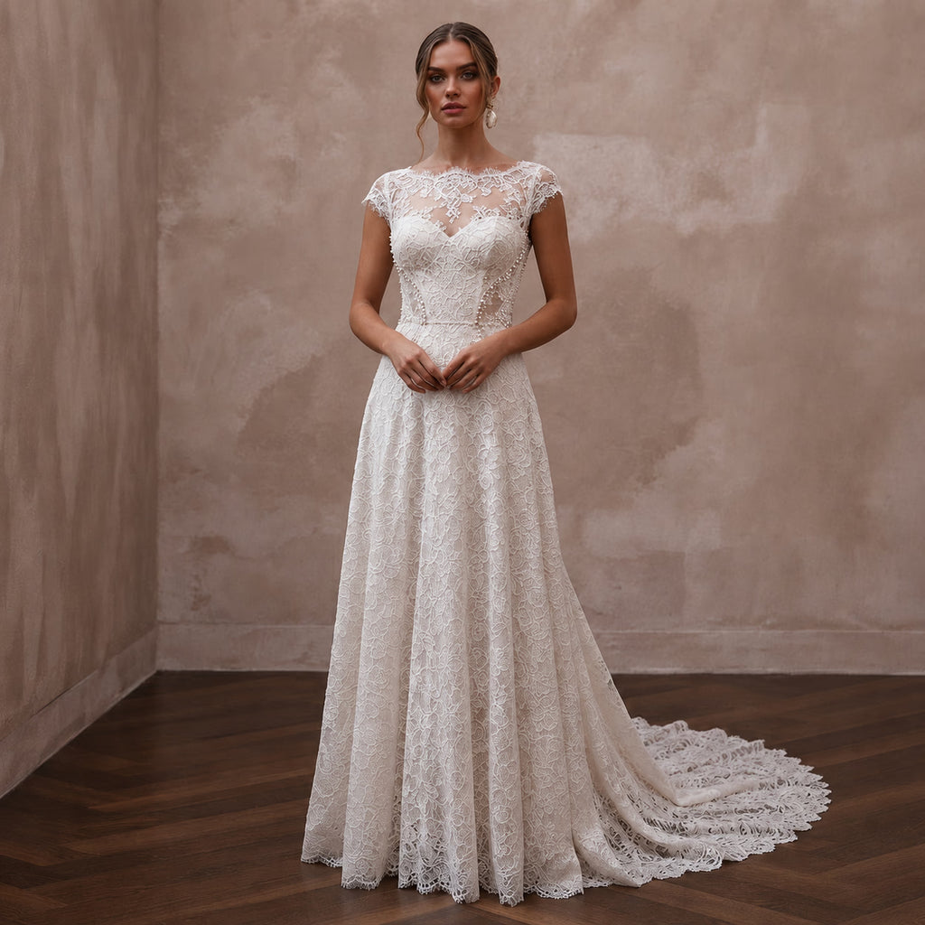 Romantic Lace Wedding Dress for a Vineyard Wedding - Apparel & Accessories > Clothing > Wedding & Bridal Party Dresses > Wedding Dresses - Mignonette Bridal