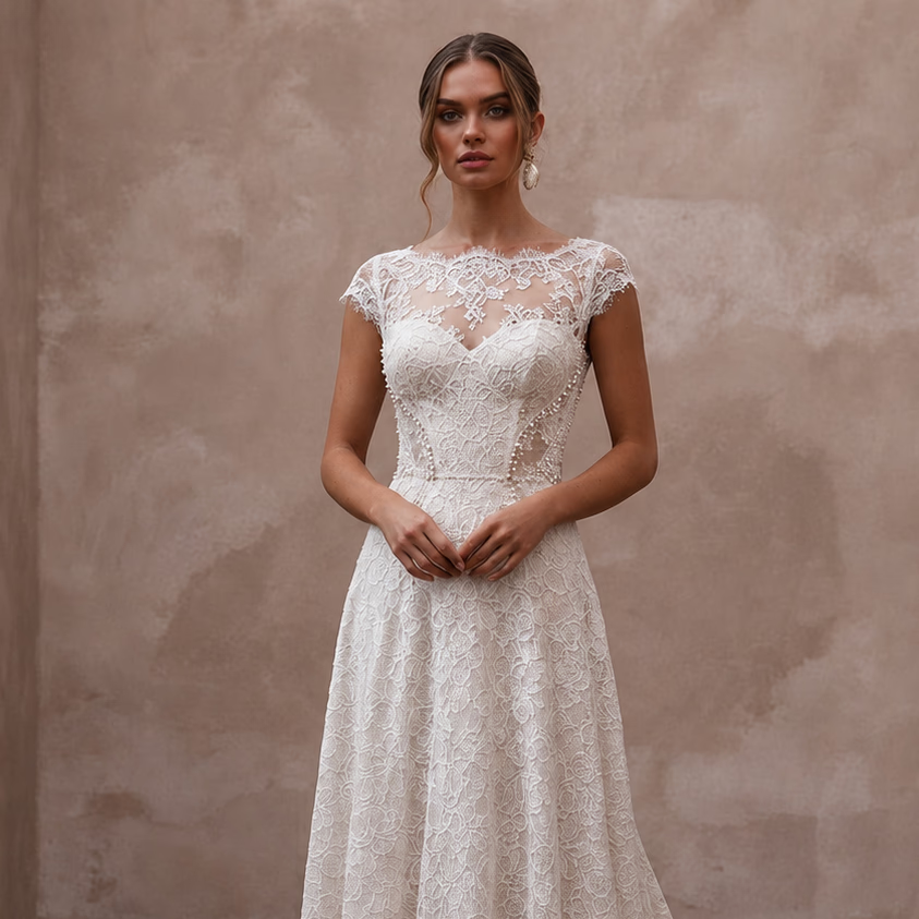 Romantic Lace Wedding Dress for a Vineyard Wedding - Apparel & Accessories > Clothing > Wedding & Bridal Party Dresses > Wedding Dresses - Mignonette Bridal