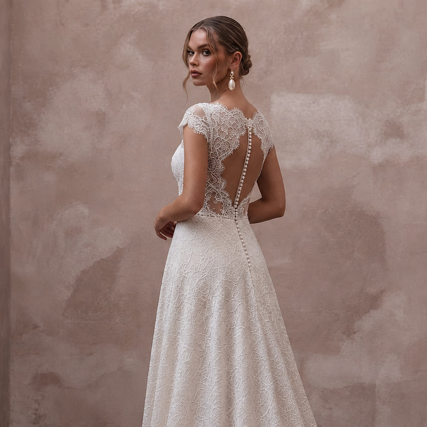 Romantic Lace Wedding Dress for a Vineyard Wedding - Apparel & Accessories > Clothing > Wedding & Bridal Party Dresses > Wedding Dresses - Mignonette Bridal