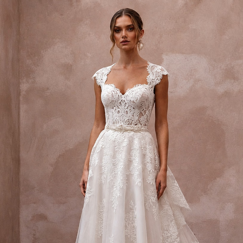 Romantic Lace Wedding Dress with Detachable Train and A-Line Silhouette