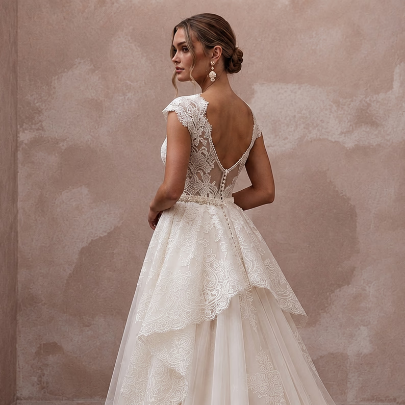 Romantic Lace Wedding Dress with Detachable Train and A-Line Silhouette