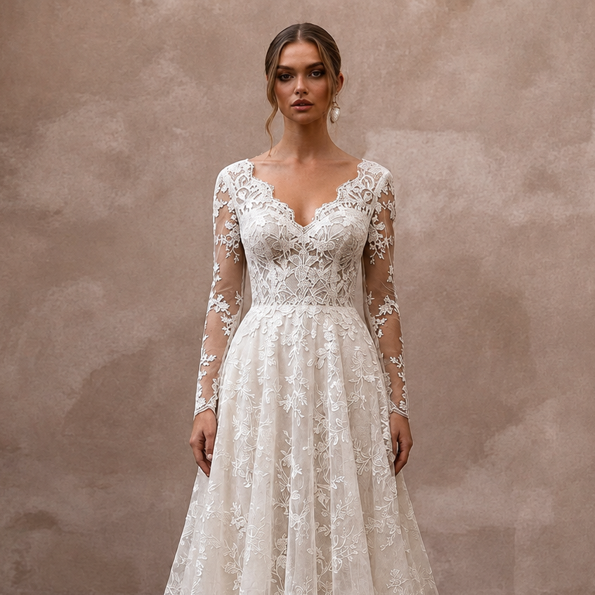 Romantic Lace Wedding Dress with Long Sleeves and A - Line Silhouette - Apparel & Accessories > Clothing > Wedding & Bridal Party Dresses > Wedding Dresses - Mignonette Bridal
