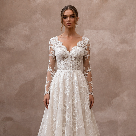 Romantic Lace Wedding Dress with Long Sleeves and A - Line Silhouette - Apparel & Accessories > Clothing > Wedding & Bridal Party Dresses > Wedding Dresses - Mignonette Bridal