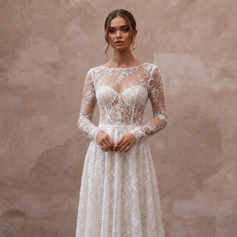 Romantic Lace Wedding Dress with Long Sleeves and A-Line Silhouette
