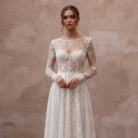 Romantic Lace Wedding Dress with Long Sleeves and A-Line Silhouette