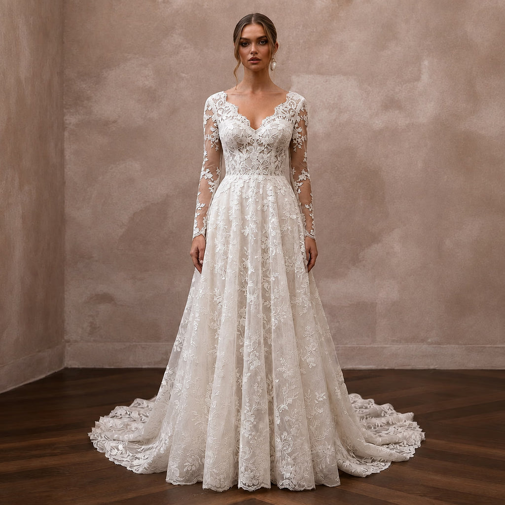 Romantic Lace Wedding Dress with Long Sleeves and A - Line Silhouette - Apparel & Accessories > Clothing > Wedding & Bridal Party Dresses > Wedding Dresses - Mignonette Bridal