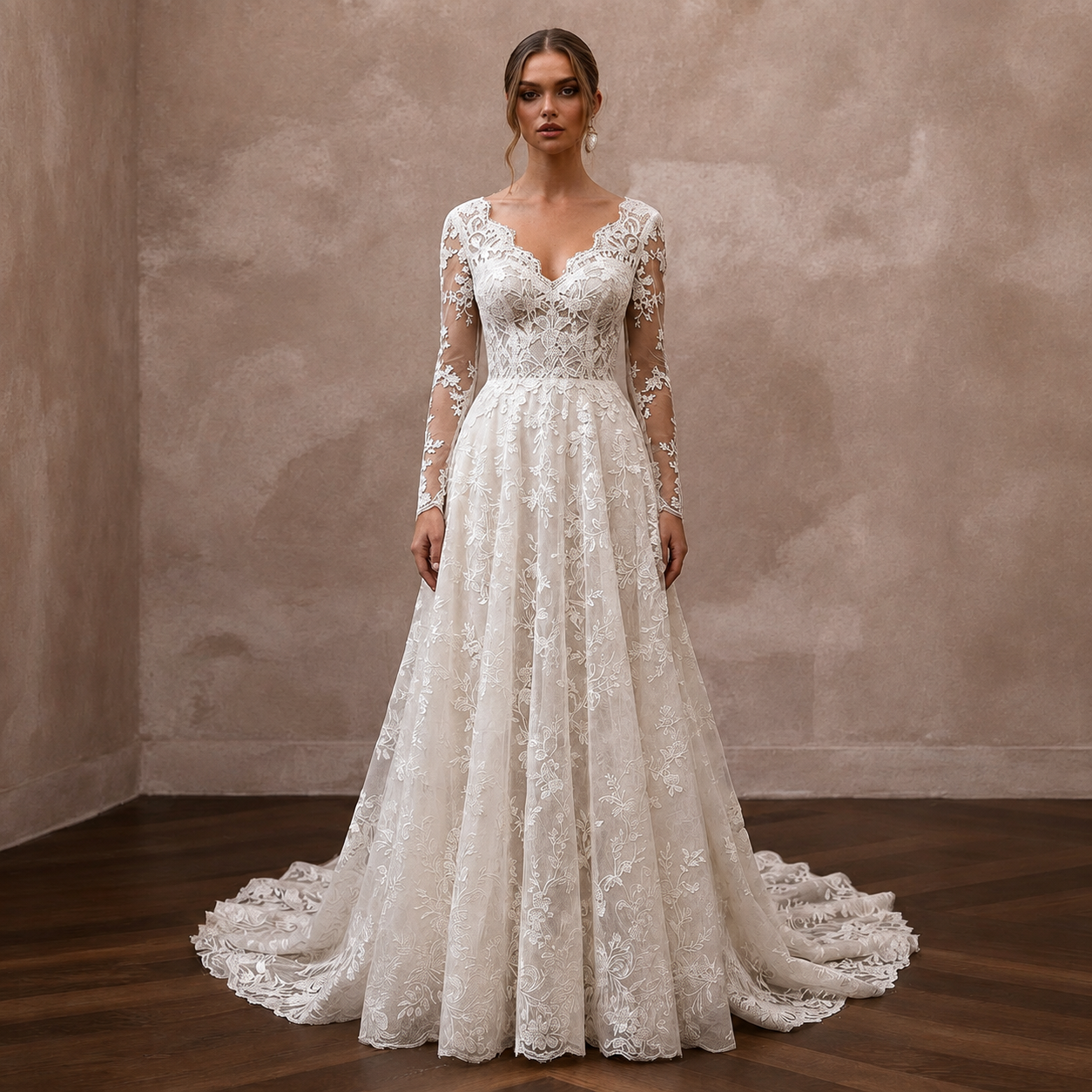 Romantic Lace Wedding Dress with Long Sleeves and A - Line Silhouette - Apparel & Accessories > Clothing > Wedding & Bridal Party Dresses > Wedding Dresses - Mignonette Bridal Main image