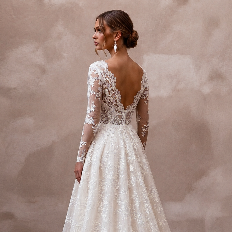 Romantic Lace Wedding Dress with Long Sleeves and A - Line Silhouette - Apparel & Accessories > Clothing > Wedding & Bridal Party Dresses > Wedding Dresses - Mignonette Bridal