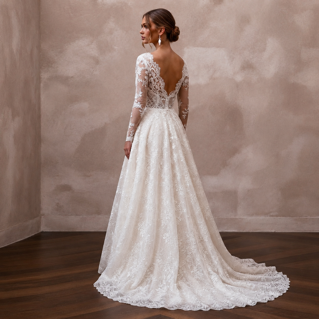 Romantic Lace Wedding Dress with Long Sleeves and A - Line Silhouette - Apparel & Accessories > Clothing > Wedding & Bridal Party Dresses > Wedding Dresses - Mignonette Bridal