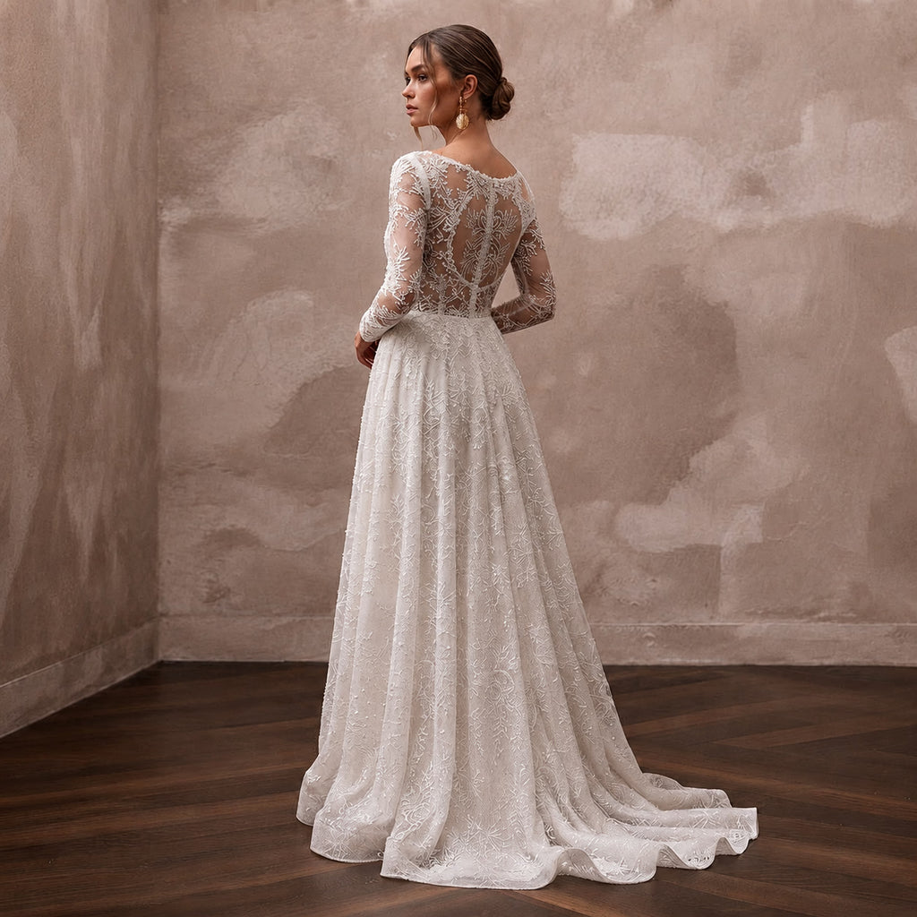 Romantic Lace Wedding Dress with Long Sleeves and A-Line Silhouette