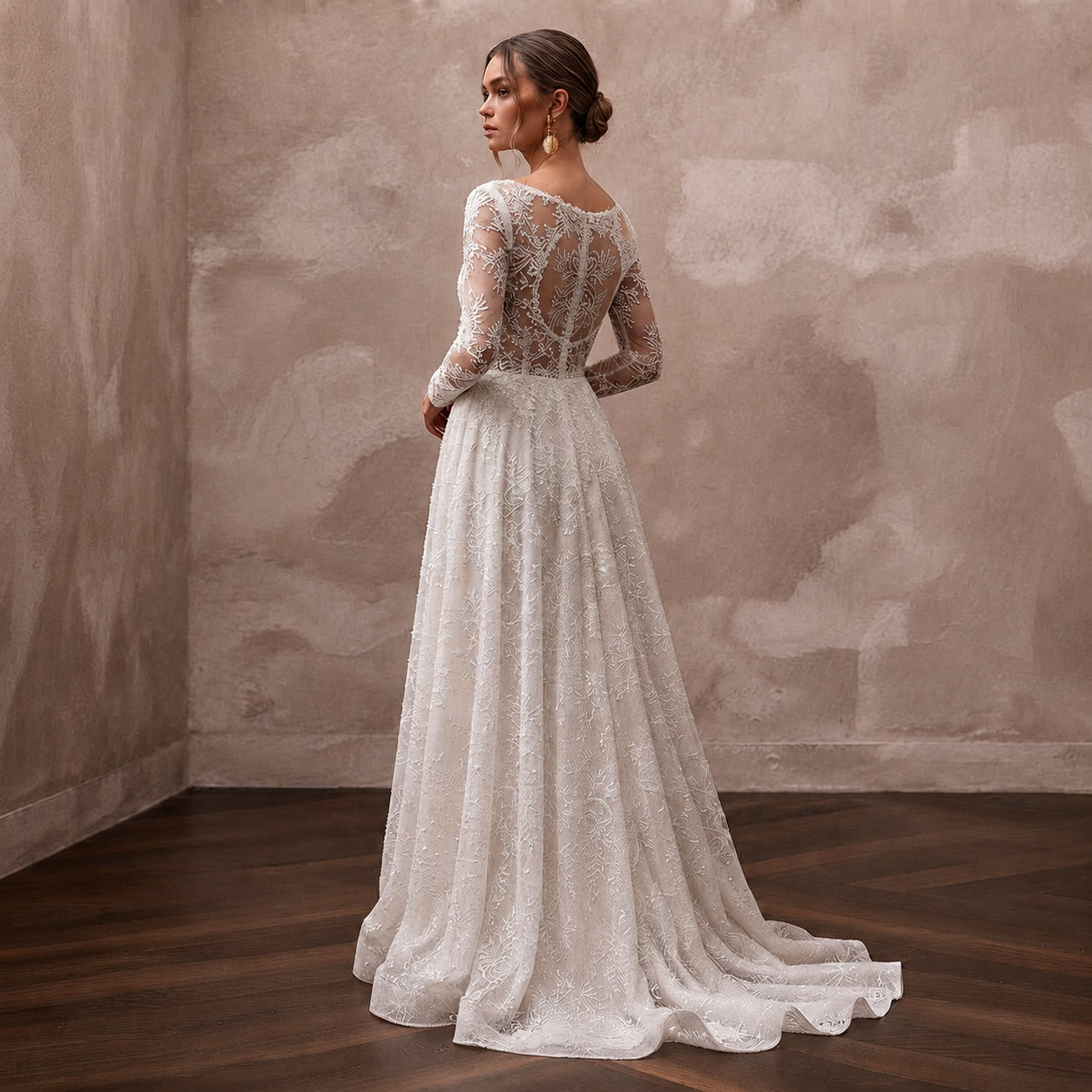 Romantic Lace Wedding Dress with Long Sleeves and A-Line Silhouette