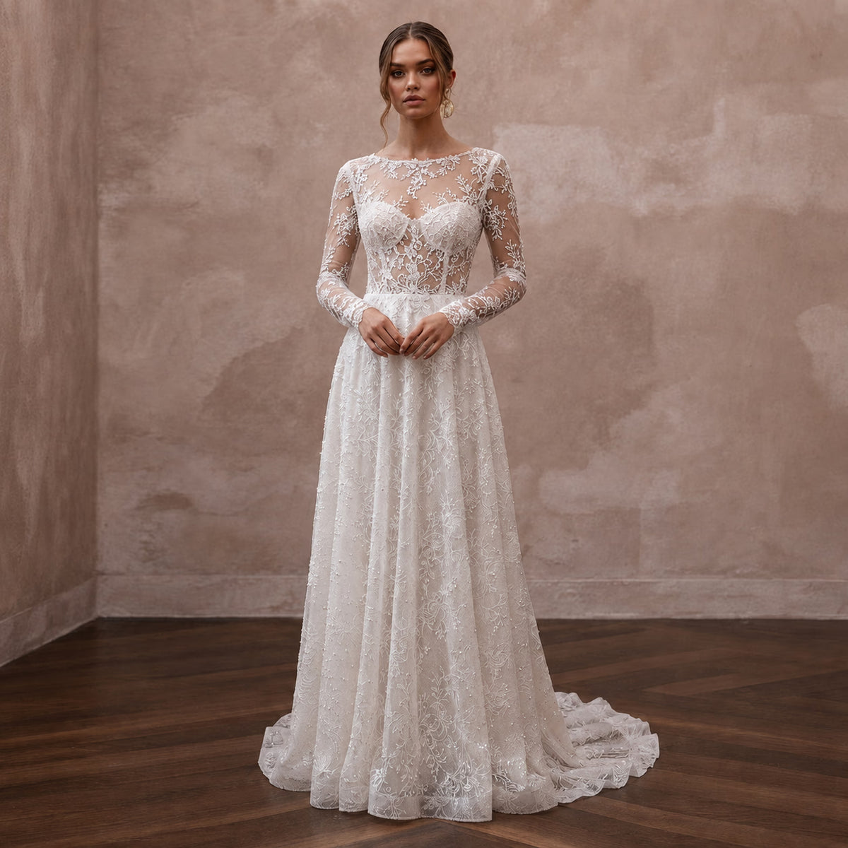 Romantic Lace Wedding Dress with Long Sleeves and A - Line Silhouette - Apparel & Accessories > Clothing > Wedding & Bridal Party Dresses > Wedding Dresses - Mignonette Bridal Main image