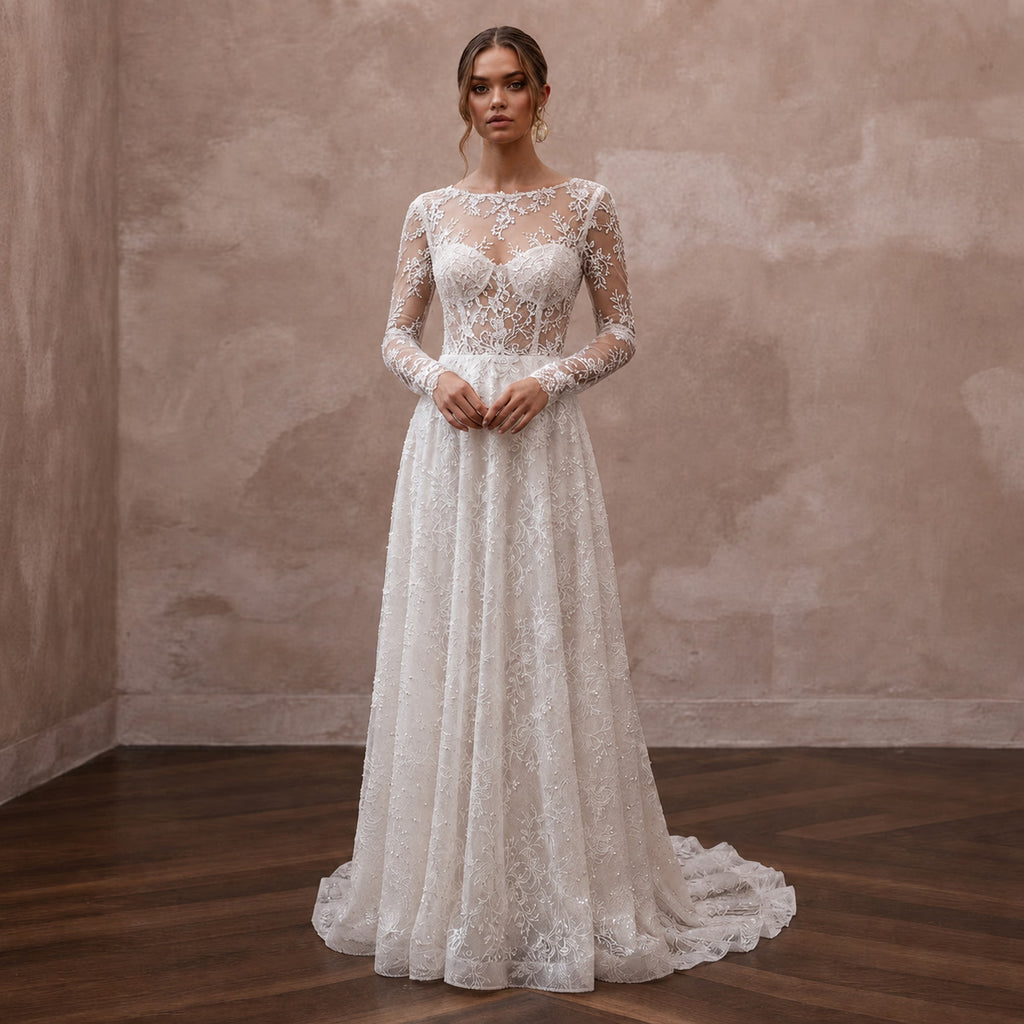 Romantic Lace Wedding Dress with Long Sleeves and A-Line Silhouette