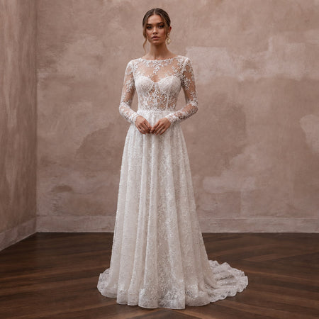 Romantic Lace Wedding Dress with Long Sleeves and A-Line Silhouette
