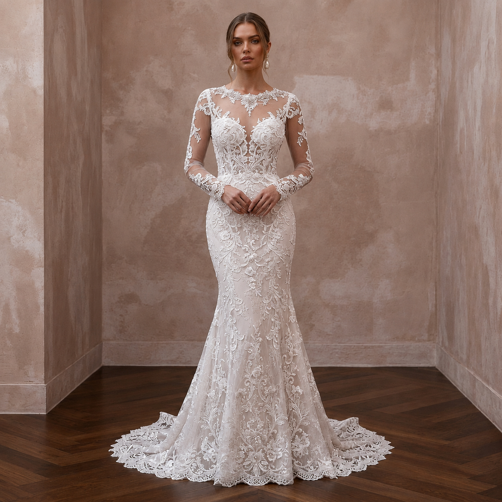 Lace wedding dress with long sleeves and trumpet silhouette