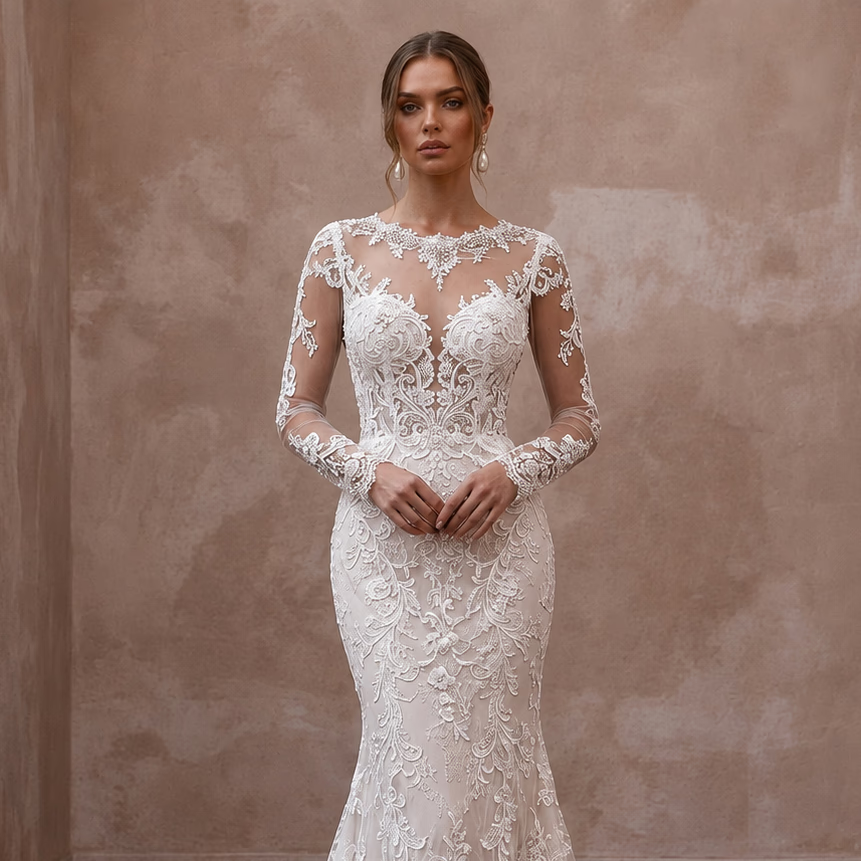 White lace wedding dress with long sleeves and sheer neckline, fitted trumpet silhouette