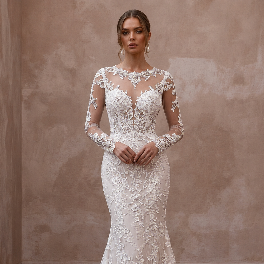 White lace wedding dress with long sleeves and sheer neckline, fitted trumpet silhouette