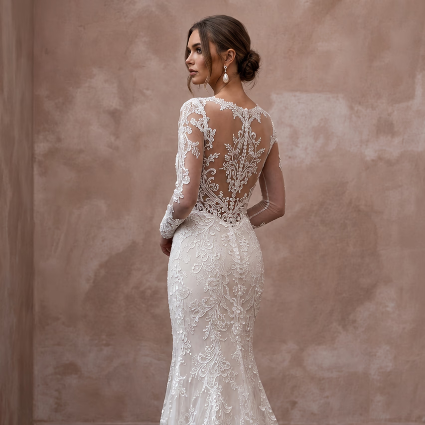 Lace wedding dress with long sleeves, sheer back, and trumpet silhouette