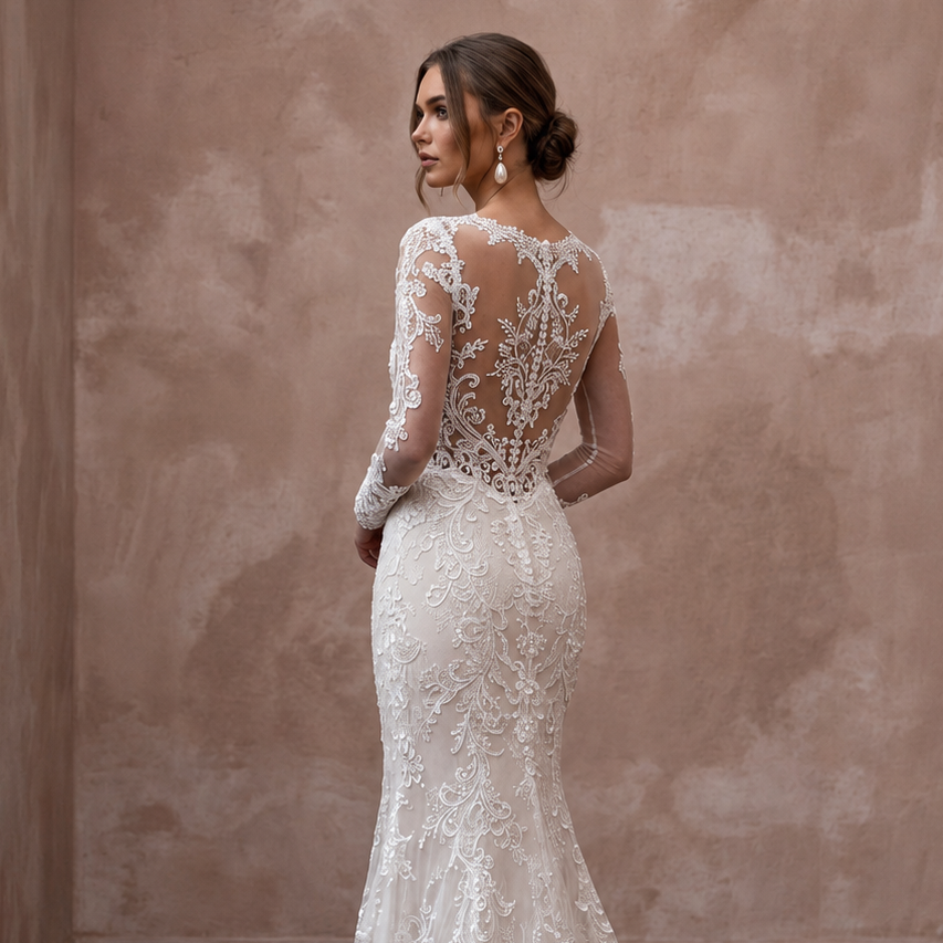 Lace wedding dress with long sleeves, sheer back, and trumpet silhouette