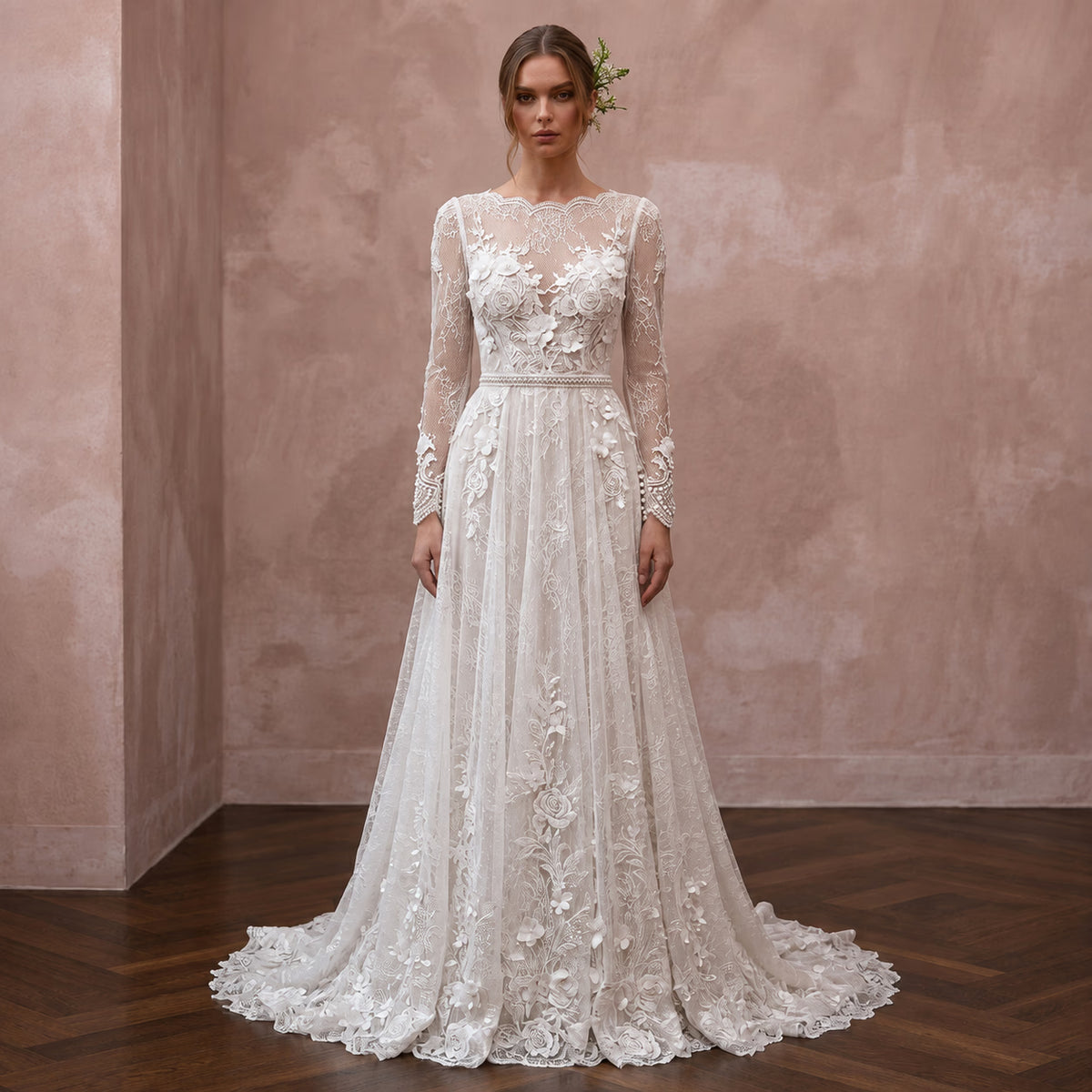 Romantic Lace Wedding Gown for an April Wedding - Apparel & Accessories > Clothing > Wedding & Bridal Party Dresses > Wedding Dresses - Mignonette Bridal Main image