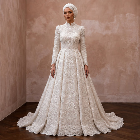 Romantic Muslim Lace Wedding Dress with Long Sleeves