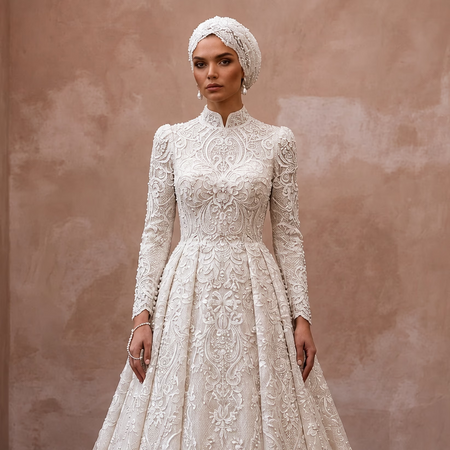 Romantic Muslim Lace Wedding Dress with Long Sleeves