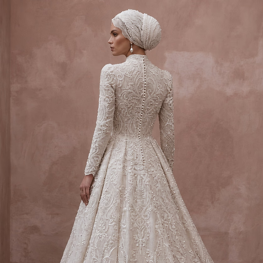 Romantic Muslim Lace Wedding Dress with Long Sleeves