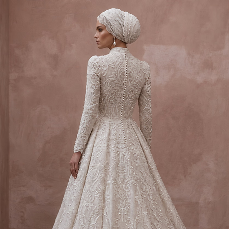 Romantic Muslim Lace Wedding Dress with Long Sleeves