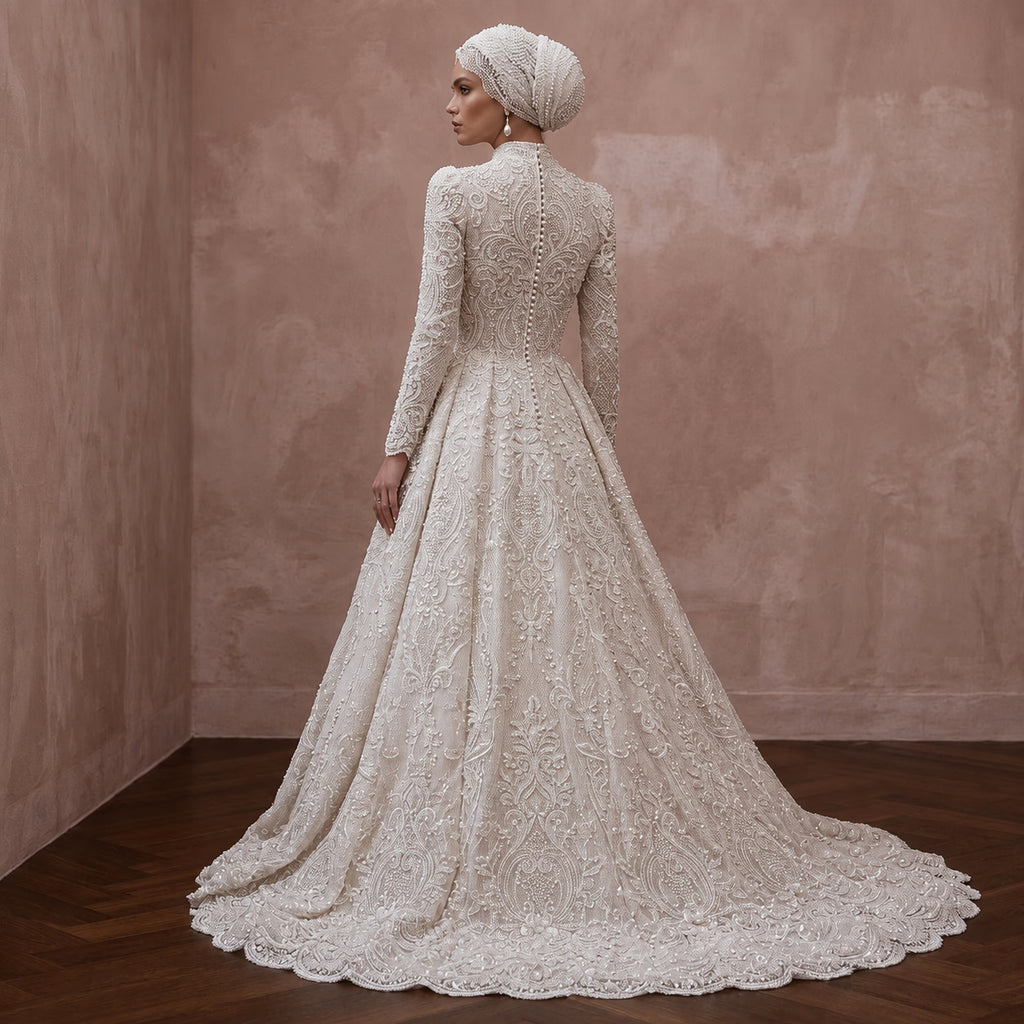 Romantic Muslim Lace Wedding Dress with Long Sleeves