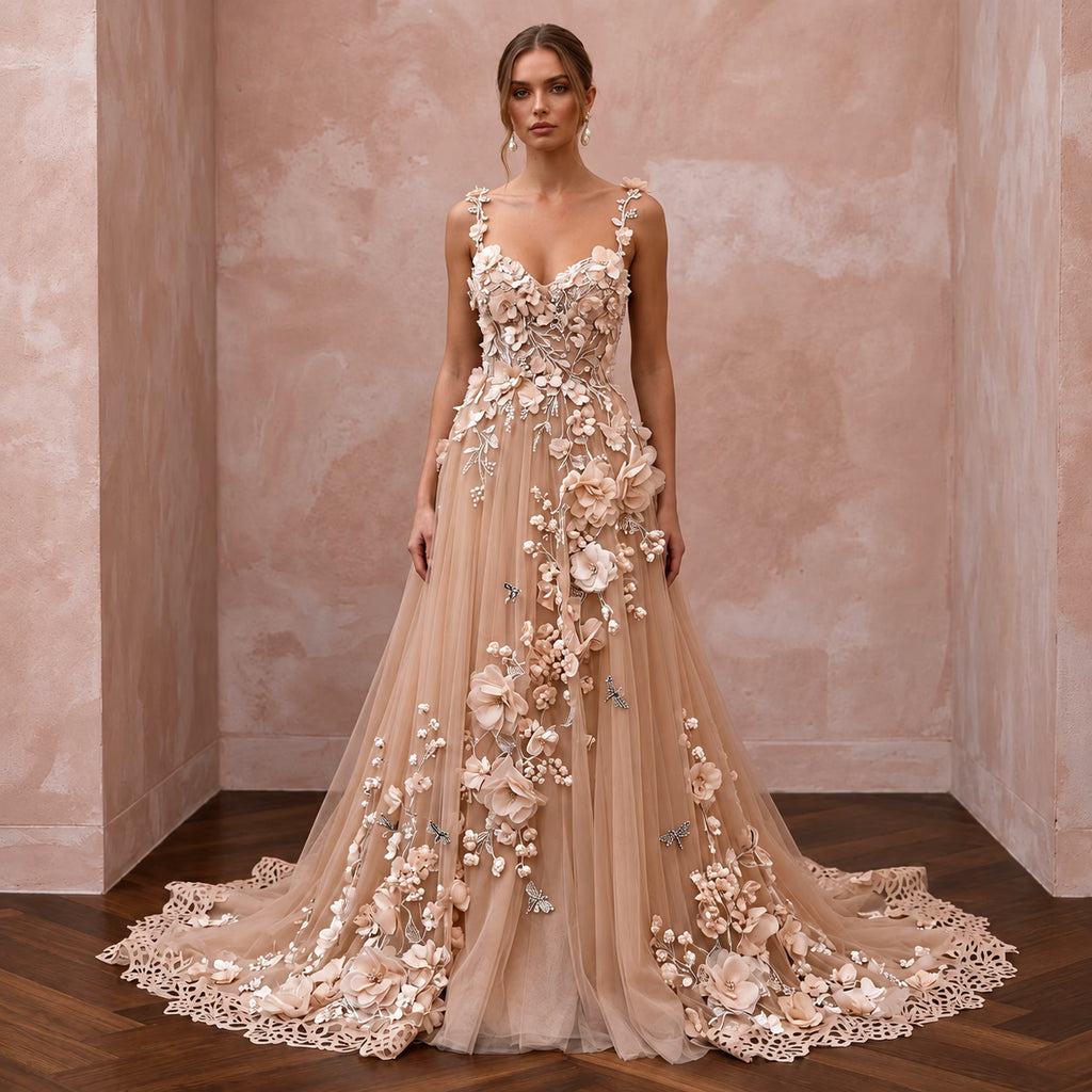 Romantic Nude English Net Bridal Gown with 3D Flowers for Vow Renewal