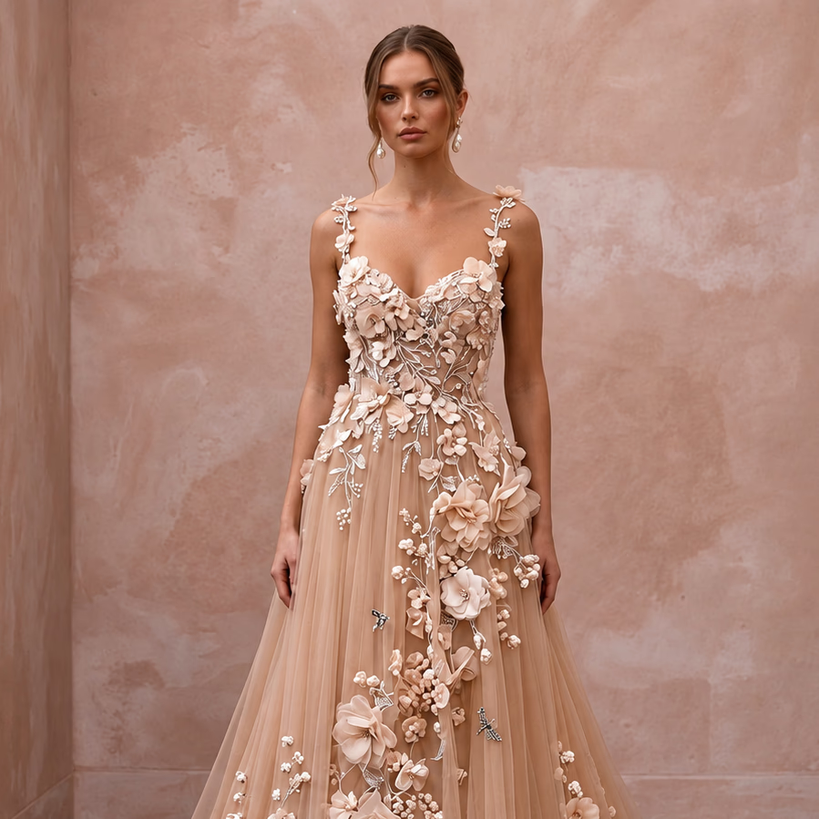 Romantic Nude English Net Bridal Gown with 3D Flowers for Vow Renewal