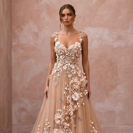 Romantic Nude English Net Bridal Gown with 3D Flowers for Vow Renewal