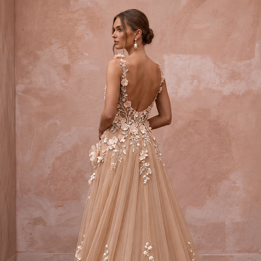 Romantic Nude English Net Bridal Gown with 3D Flowers for Vow Renewal