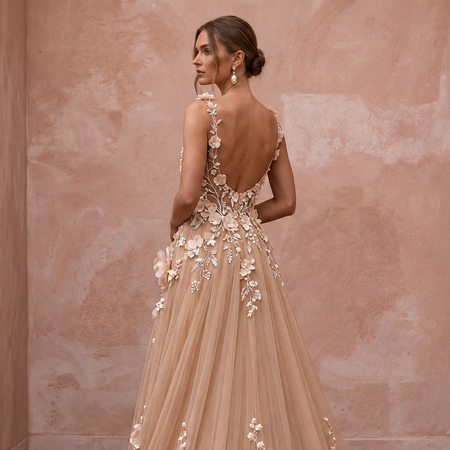 Romantic Nude English Net Bridal Gown with 3D Flowers for Vow Renewal