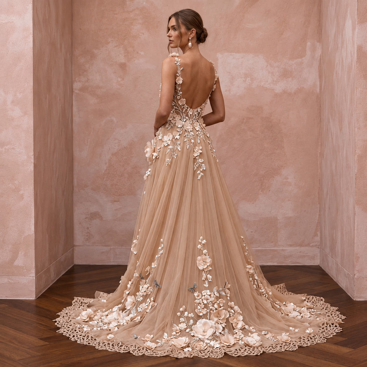 Romantic Nude English Net Bridal Gown with 3D Flowers for Vow Renewal Secondary image