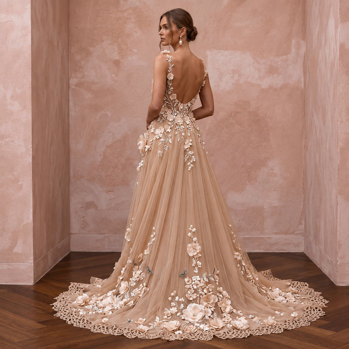Romantic Nude English Net Bridal Gown with 3D Flowers for Vow Renewal