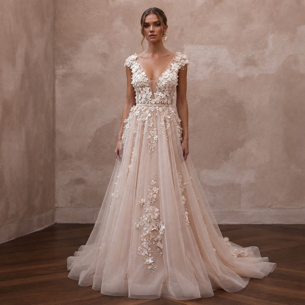 Romantic Nude English Net Dress with 3D Flowers for Vow Renewal - Apparel & Accessories > Clothing > Wedding & Bridal Party Dresses > Wedding Dresses - Mignonette Bridal