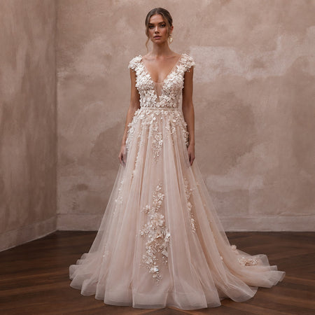 Romantic Nude English Net Dress with 3D Flowers for Vow Renewal - Apparel & Accessories > Clothing > Wedding & Bridal Party Dresses > Wedding Dresses - Mignonette Bridal