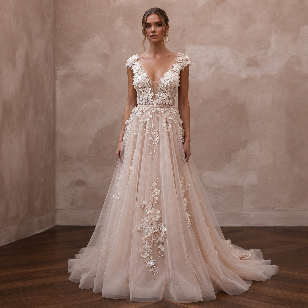 Romantic Nude English Net Dress with 3D Flowers for Vow Renewal