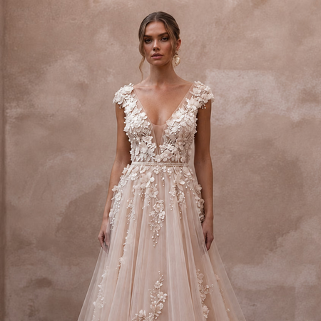 Romantic Nude English Net Dress with 3D Flowers for Vow Renewal - Apparel & Accessories > Clothing > Wedding & Bridal Party Dresses > Wedding Dresses - Mignonette Bridal