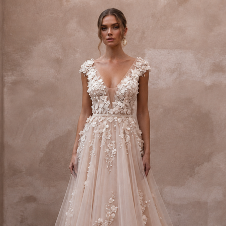 Romantic Nude English Net Dress with 3D Flowers for Vow Renewal