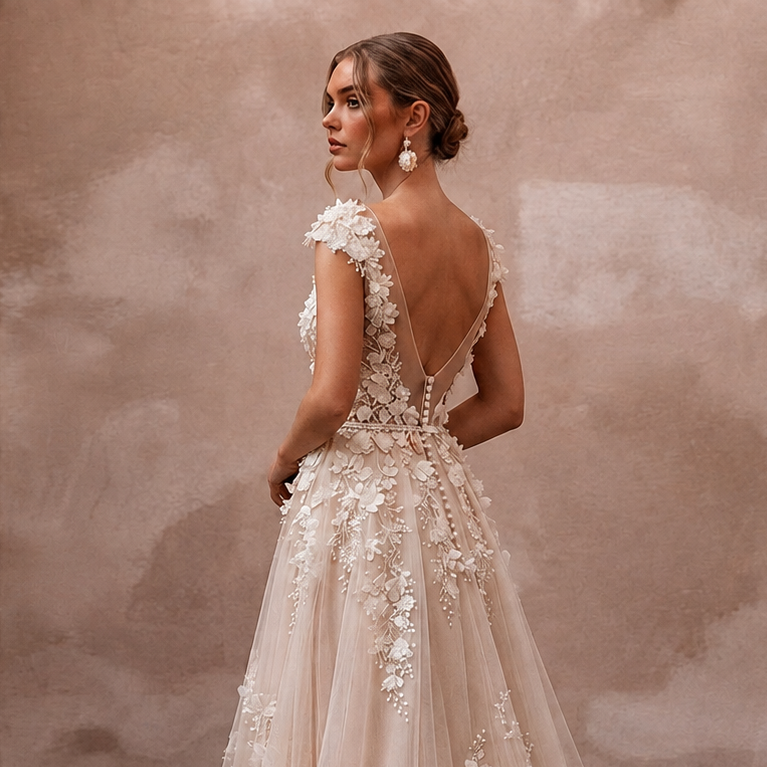 Romantic Nude English Net Dress with 3D Flowers for Vow Renewal