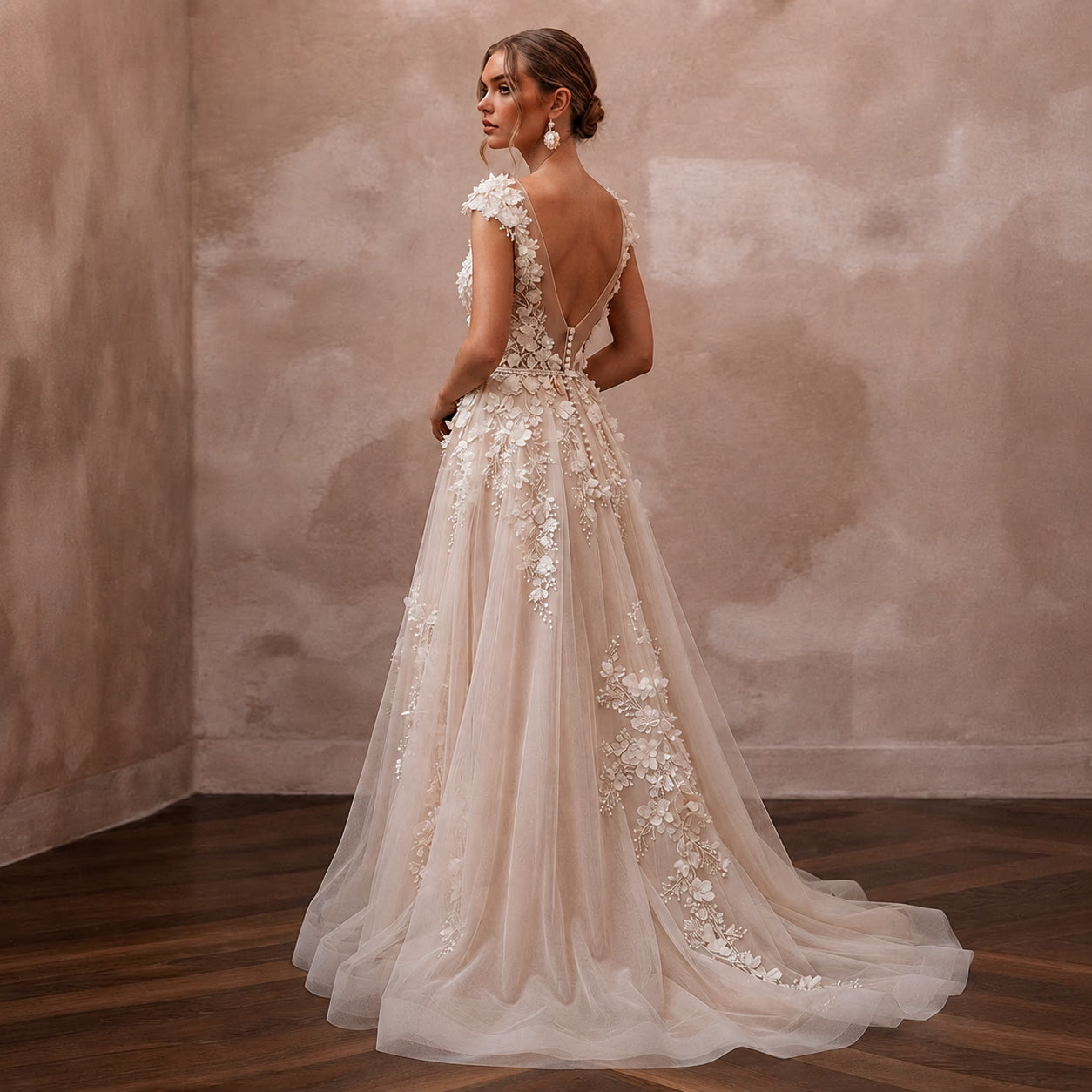 Romantic Nude English Net Dress with 3D Flowers for Vow Renewal Secondary image