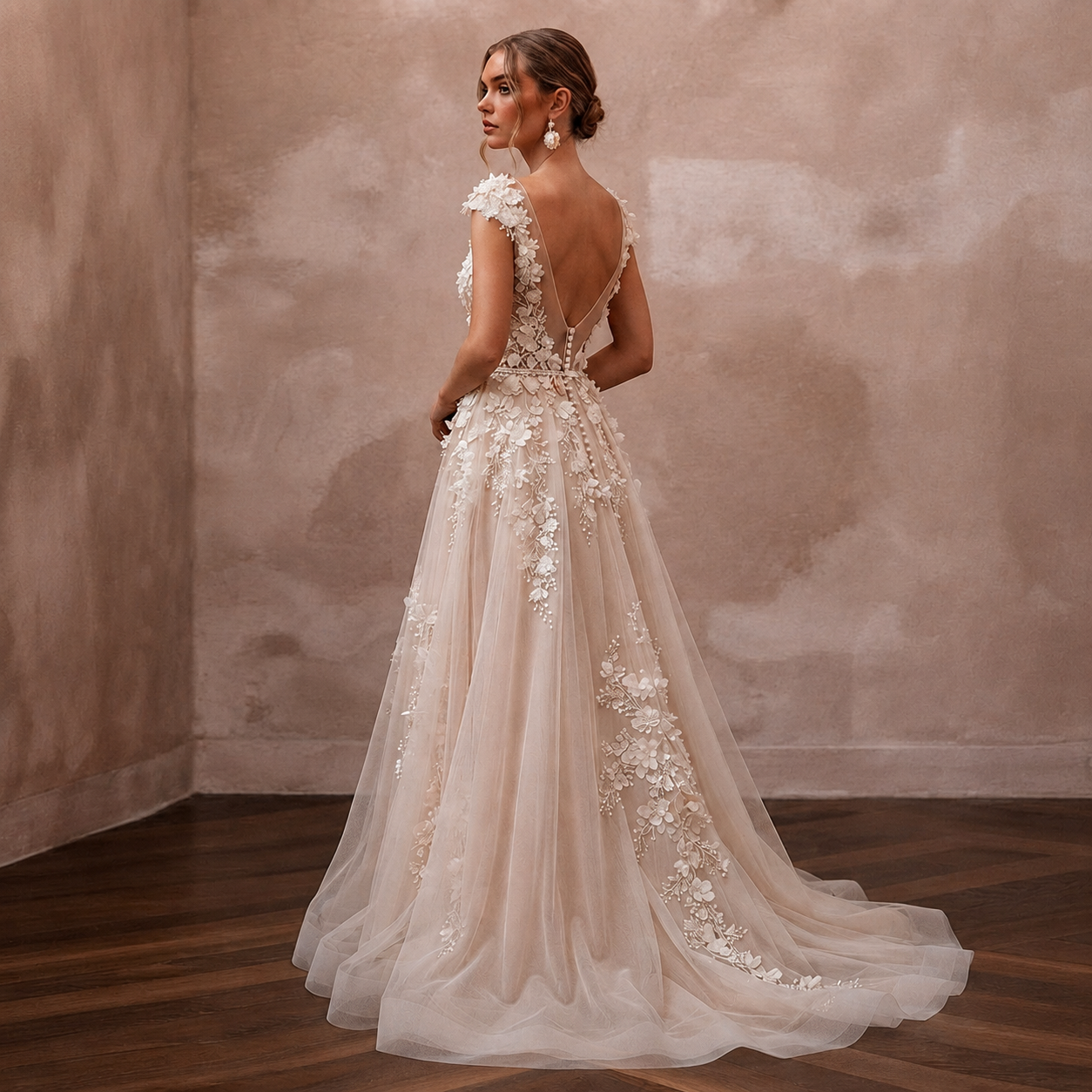 Romantic Nude English Net Dress with 3D Flowers for Vow Renewal