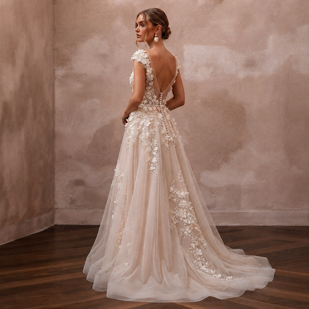 Romantic Nude English Net Dress with 3D Flowers for Vow Renewal