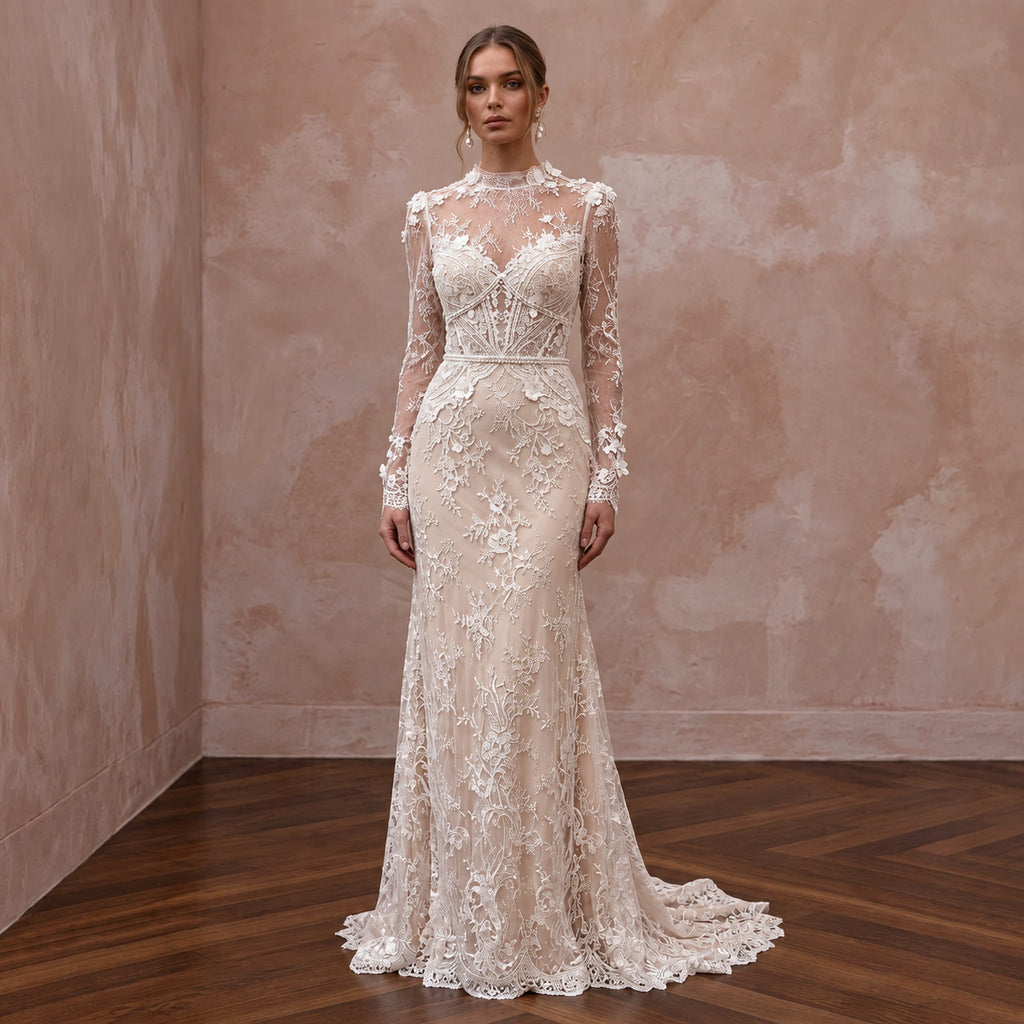 Romantic Nude Illusion Lace Bridal Gown for Civil Elopement