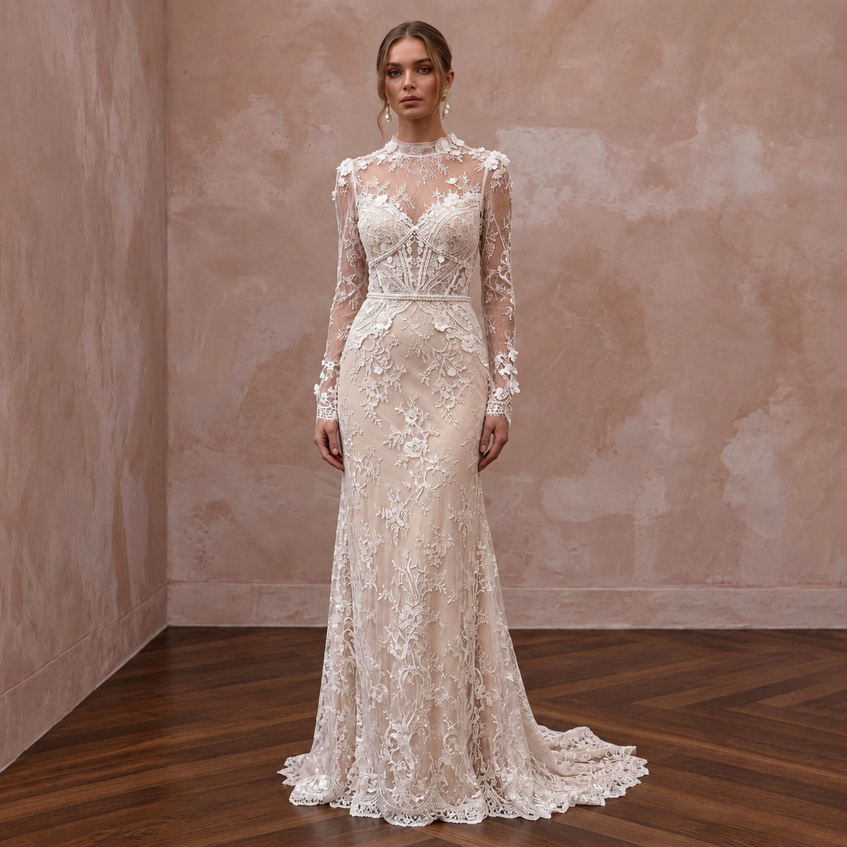 Romantic Nude Illusion Lace Bridal Gown for Civil Elopement