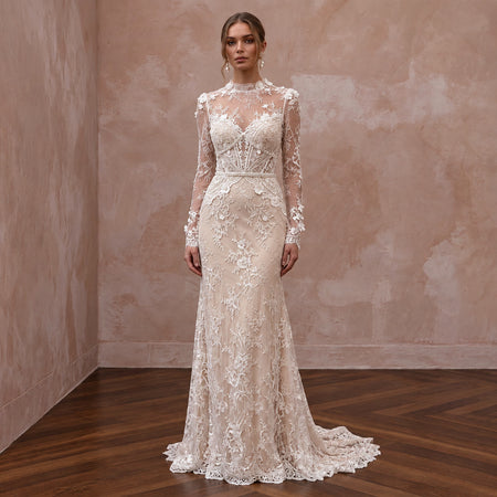 Romantic Nude Illusion Lace Bridal Gown for Civil Elopement